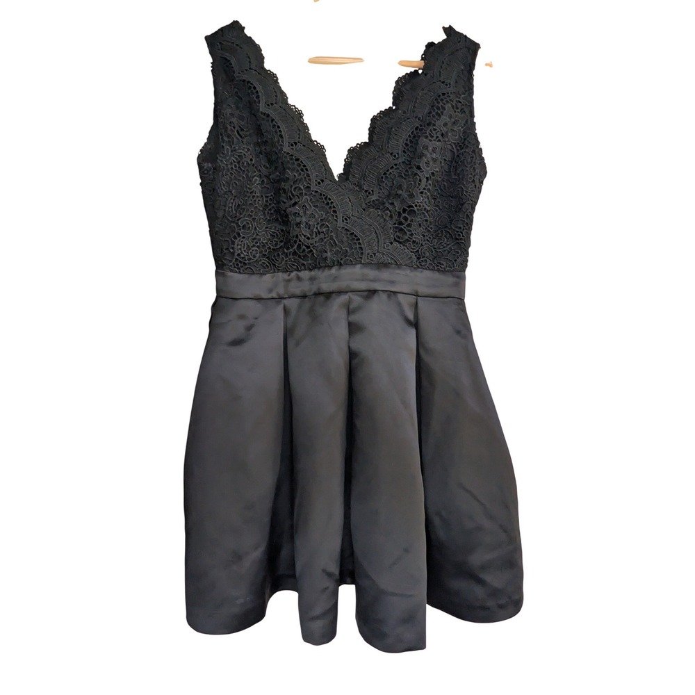 FRNCH Paris Womens L Black Lace Bodice Satin Pleated Cocktail Mini Dress